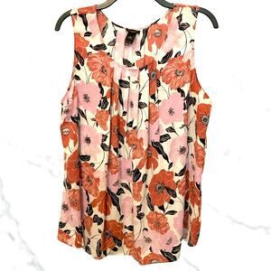 Ann Taylor Floral Ruched Tank Top Cream Pink XL